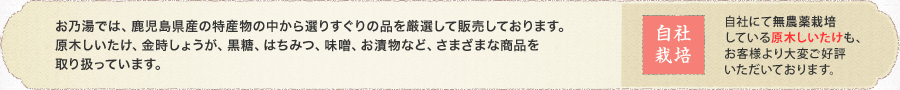 お乃湯では、鹿児島県産の特産物の中から選りすぐりの品を厳選して販売しております。原木しいたけ、金時しょうが、黒糖、はちみつ、味噌、お漬物など、さまざまな商品を取り扱っています。